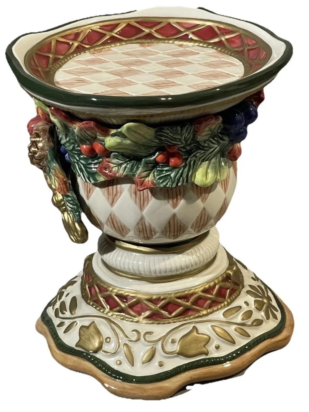 Fitz Floyd Jolly Ole Saint Nick Christmas Candle Holder Pedestal Harlequin 7”